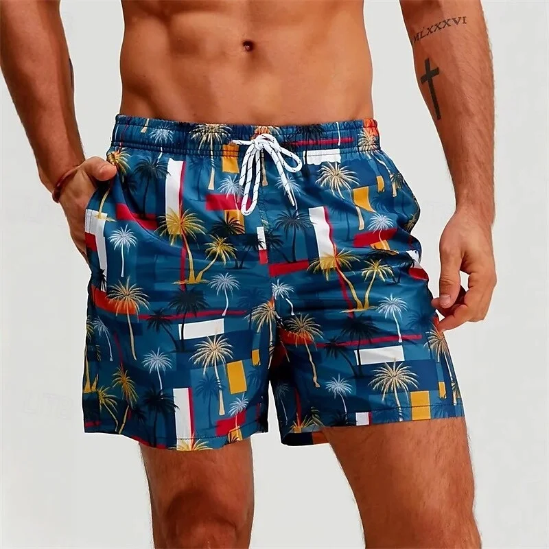 3D Print Colorful Geometry Short Pants For Men Coconut Tree Pattern Swim Trunk Casual Swim Beach Shorts Sports Surf Board Shorts
