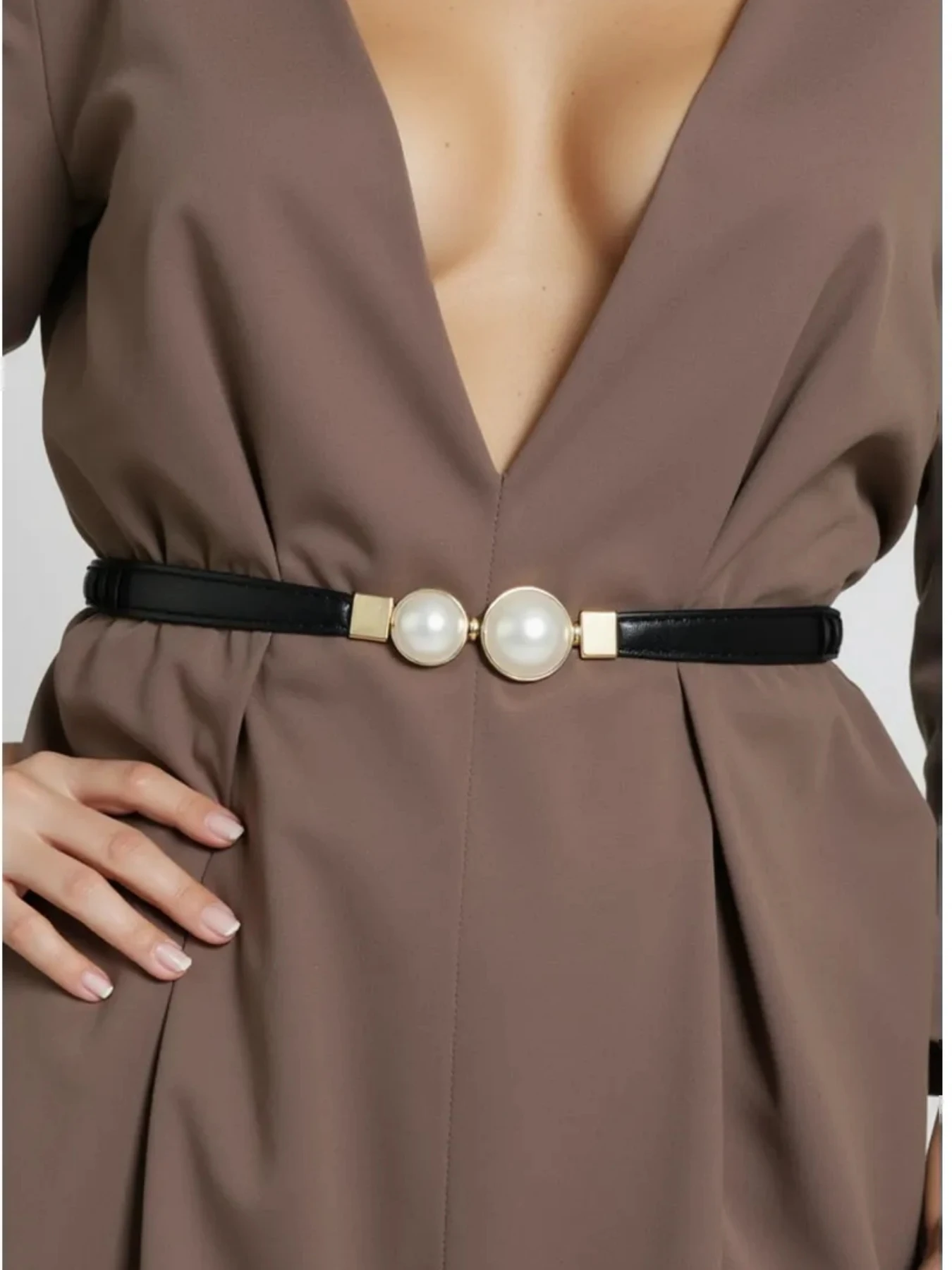 1pc New Elegant Vintage Pearl Waist Chain Belts Women's Korean Style Sweater Jacket Hooks Elastic Slim Fit Leather Belt