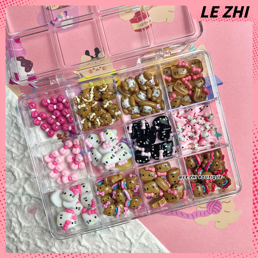 120pcs Boxed Kawaii Black Skin Hello Kitty Nails Art Charms Accessories Hawaii Dolphin KT Coconut Tree Bow DIY Resin Accessories