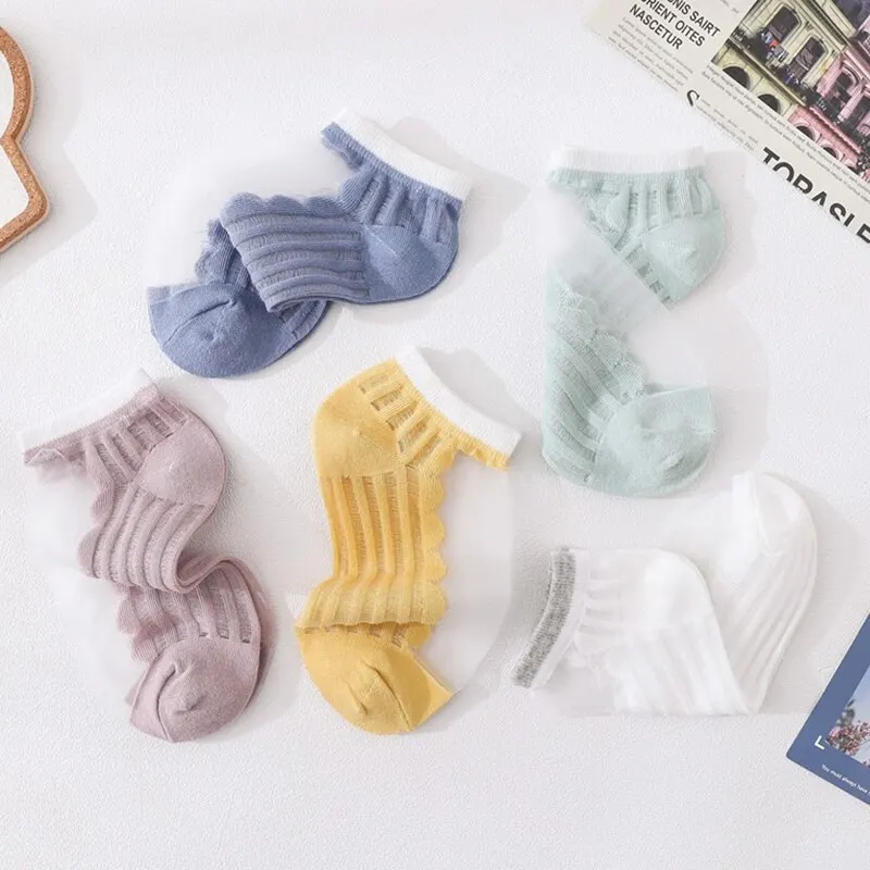 5 Pairs Of Womens Glass Fiber Spring And Summer Thin Transparent Breathable Socks Candy Color Polyester Sock Bottom