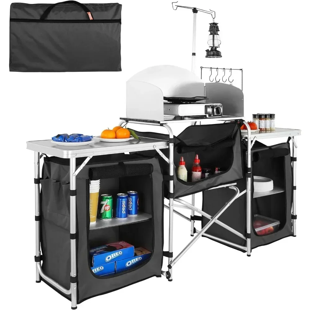 A Camping Kitchen Table, Folding Outdoor Cooking Table with Storage Carrying Bag, Aluminum Cook Station 3 Cupboard