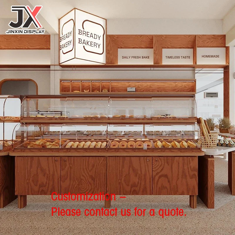 custom.Custom LED Bakery Display Cabinet Coffee Counter Bread Showcase Wooden Modern Cake Pastry Shelf Retail Cafe Furniture Sho
