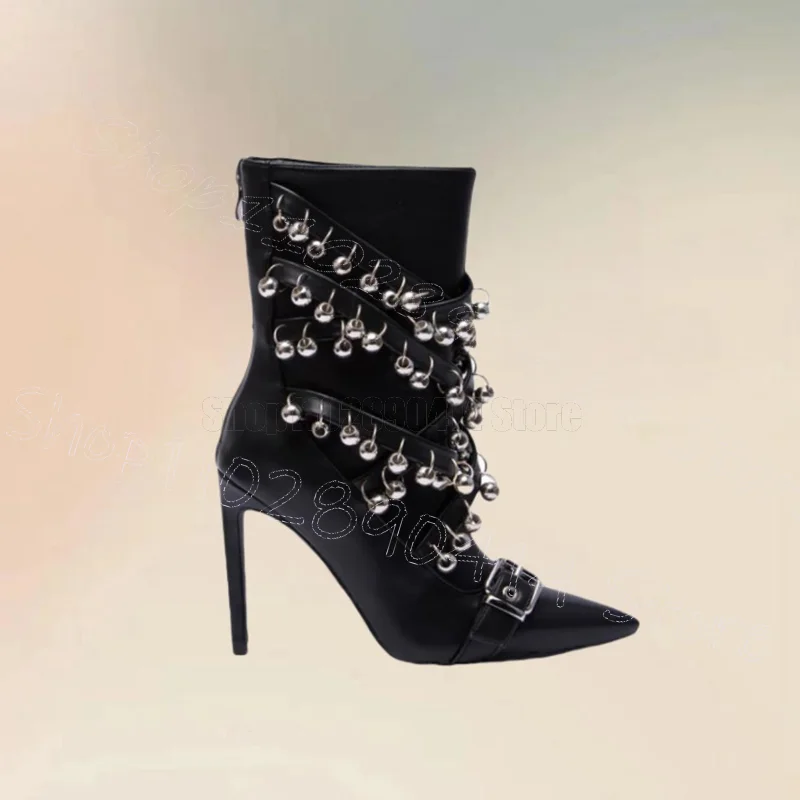 

Metal Circle Buckle Black Pointed Toe Boots Back Zipper Women Shoes Thin High Heels Party Feast Dating 2025 Zapatos Para Mujere
