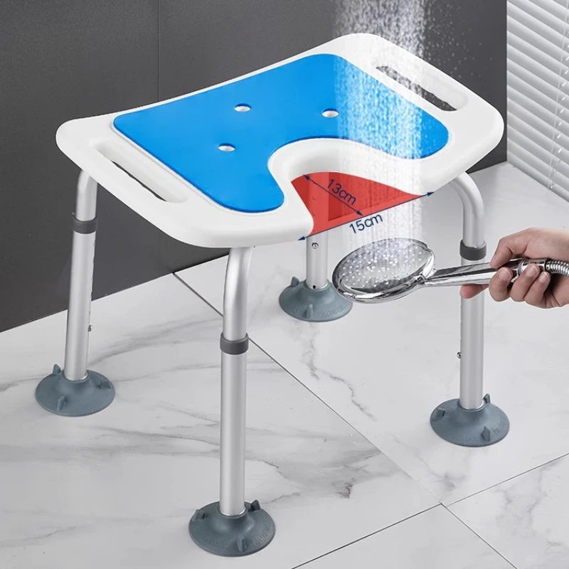 

Adjustable Aluminum Shower Chair for Elderly 7 Height Settings Non-Slip Feet U-Shape Seat No Drill Installation 150kg Capacity