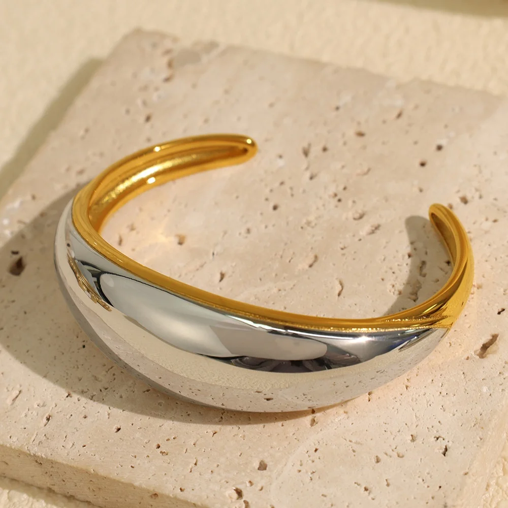 

New Style Two-Tones Chunky Stainless Steel Open Cuff Bracelet Titanium Geometric Open Bangles Minimalist Jewelry For Women Men