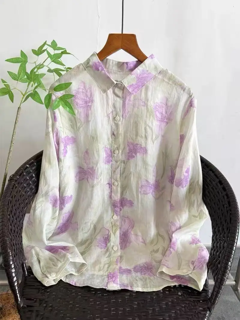 

Дизайнерская блузка класса люкс 2026 года, 100% рами, женская рубашка с длинным рукавом, весенняя, фиолетовая, с цветочным принтом, женский топ