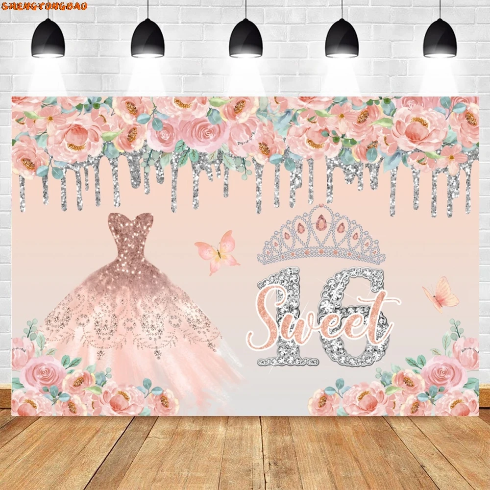 Backdrop for Photography Birthday Party Quinceanera Sweet 15 16th Princess Girl Glitter Crown Flower Dress Photo Background Prop