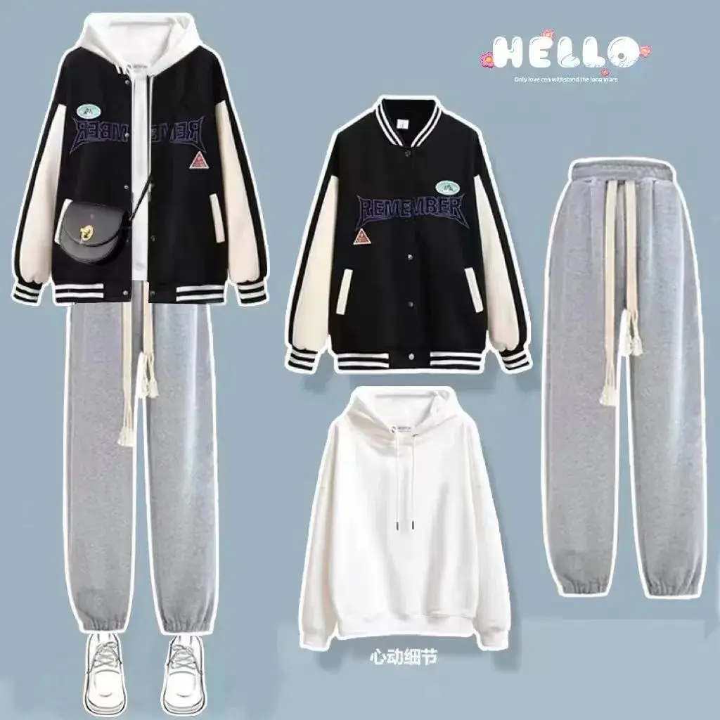 Spring and Autumn Suit Female Student Korean Version Loose Baseball Uniform+casual Pants College Style Three Piece Suit Fashion