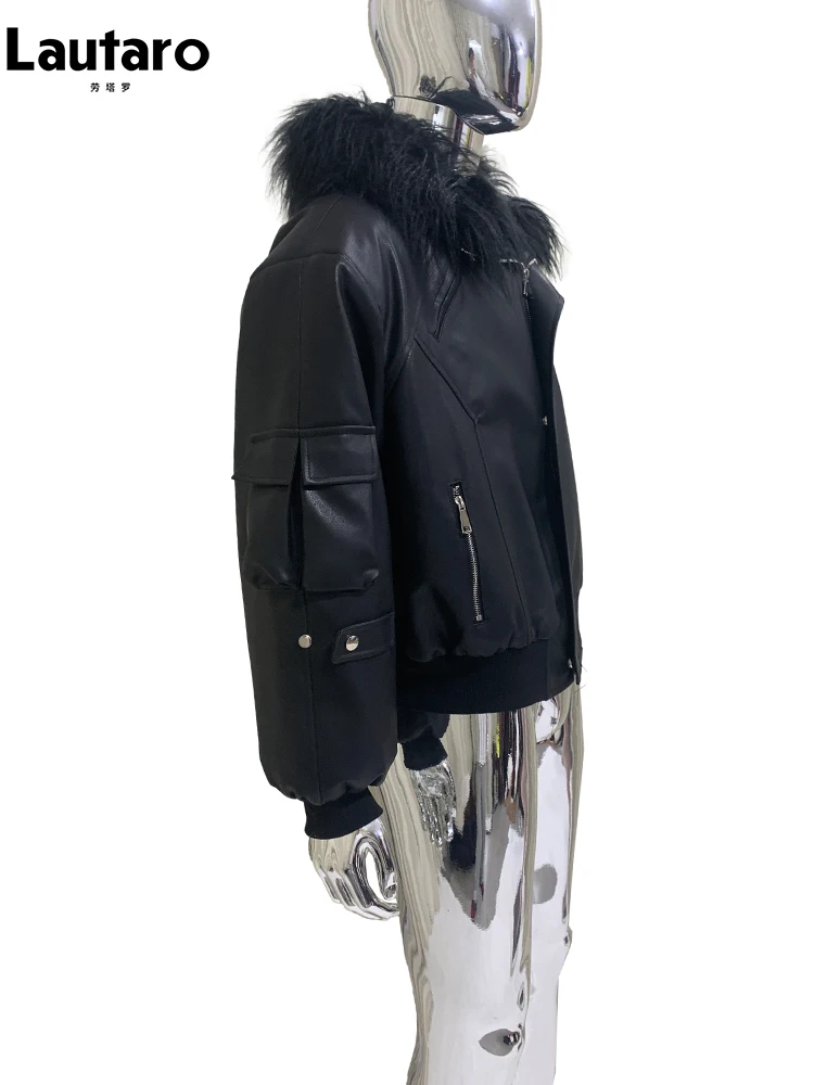 Mauroicardi Autumn Winter Short Oversized Black Warm Pu Leather Jacket Men with Faux Fur Trim Hood Loose Casual Korean Fashion