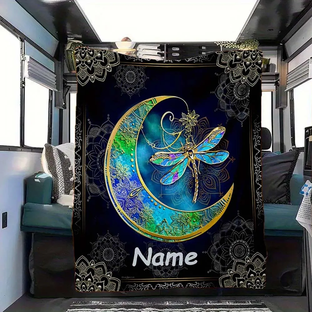 

1pc Personalized Custom Name Dragonfly Moon Mandala Fleece Blanket, Bohemian Mystic Night Sky Throw Blanket for