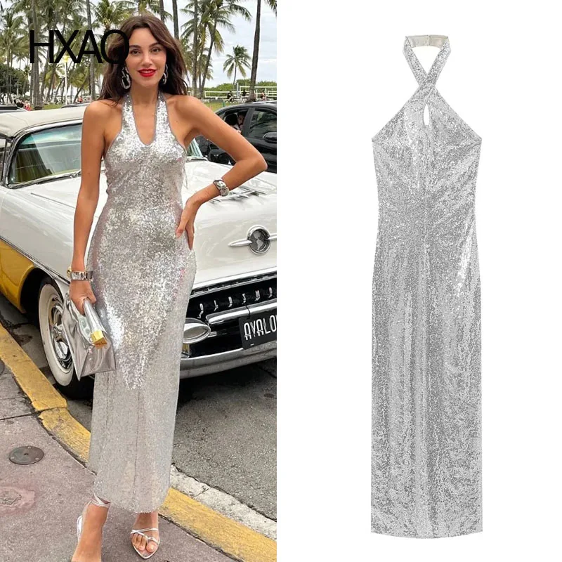 

HXAO Sequined Women's Dresses Halter Neck Slit Slip Dress Fashion Backless Dress Sexy Party Female Long Skirt With Paillettes