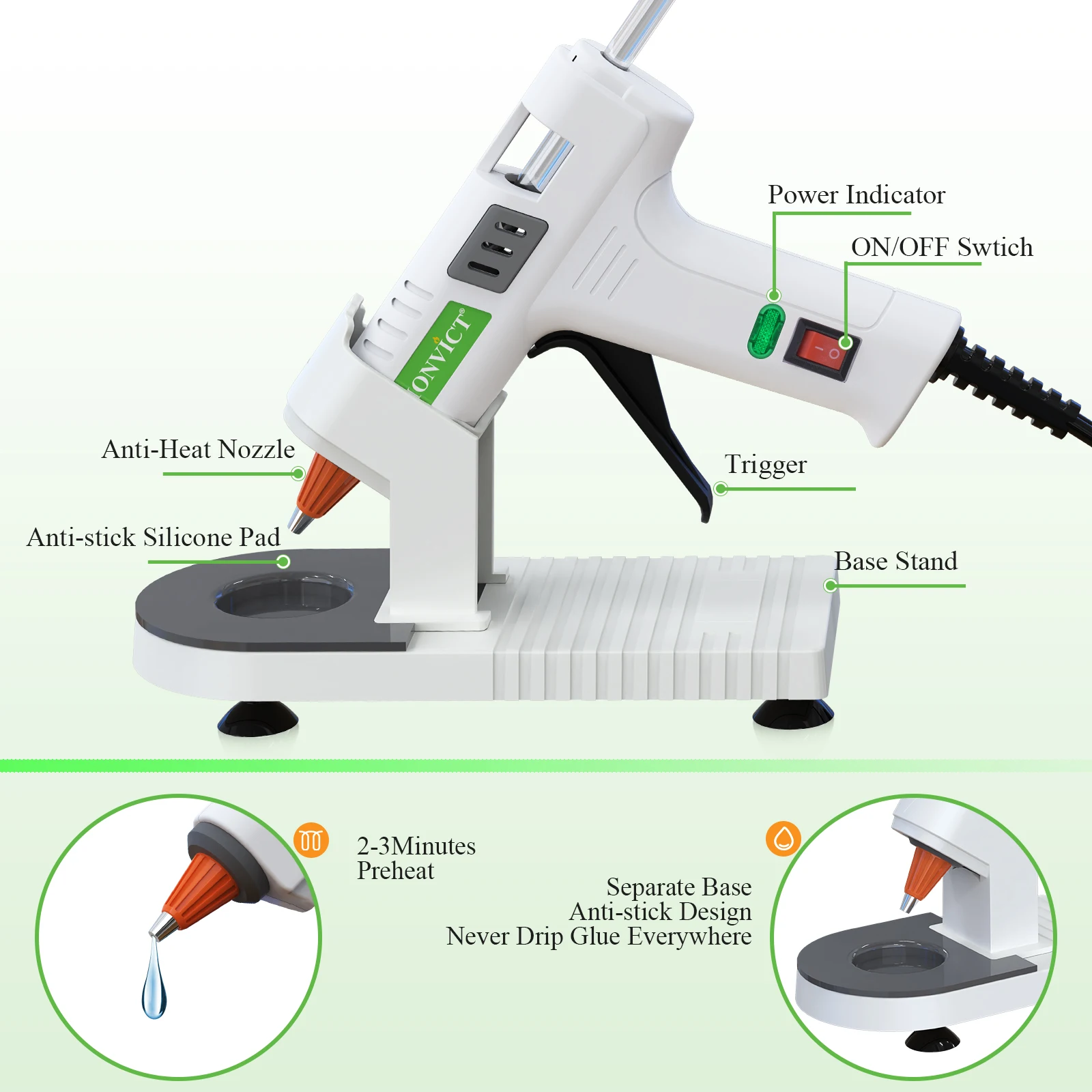 (US Plug) 40W Mini Glue Gun with Base Holder 30 Glue Sticks Suction Cups Stand Anti Stick Silicone Mat On/Off Design for Crafts