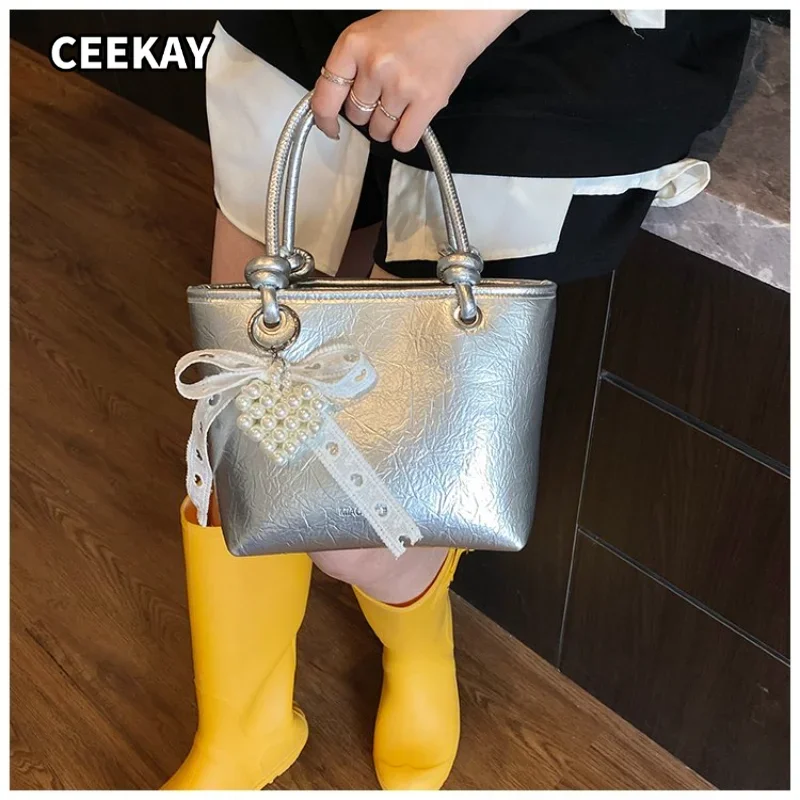 CEEKAY Women's Handbag Silver Glossy PU Leather Small Top Handle Bag Pearl Bow Pendant Zipper Daily Casual Sweet Style