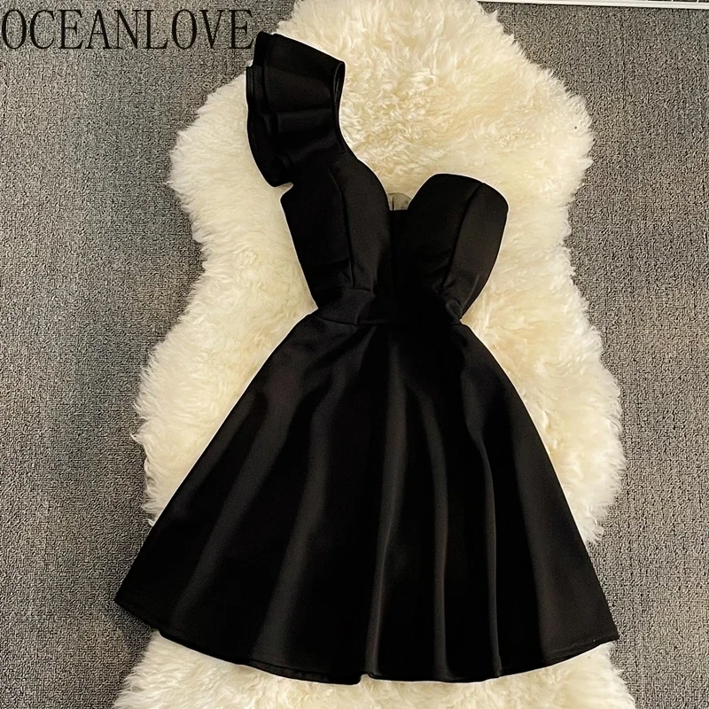 OCEANLOVE Evening Party Dresses Women Solid Spring Summer A-line Vestidos Mujer Korean Fashion Single Shoulder Mini Dress