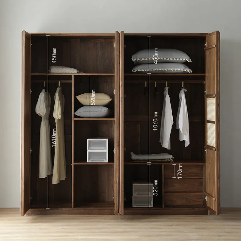 Black walnut bedroom wardrobe, locker Japanese rattan double door solid wood wardrobe, combination solid wood wardrobe