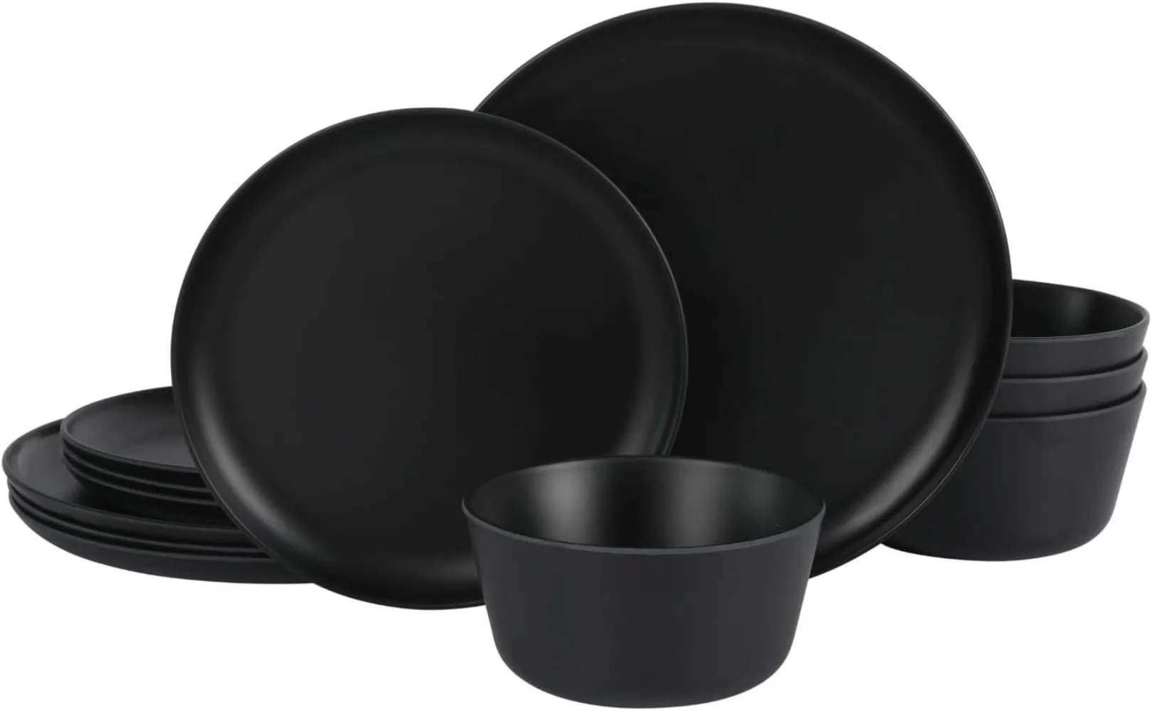 

12-Piece Matte Black Melamine Dinnerware Set – Durable Lightweight Plates and Bowls, Kitchen Dining Set
