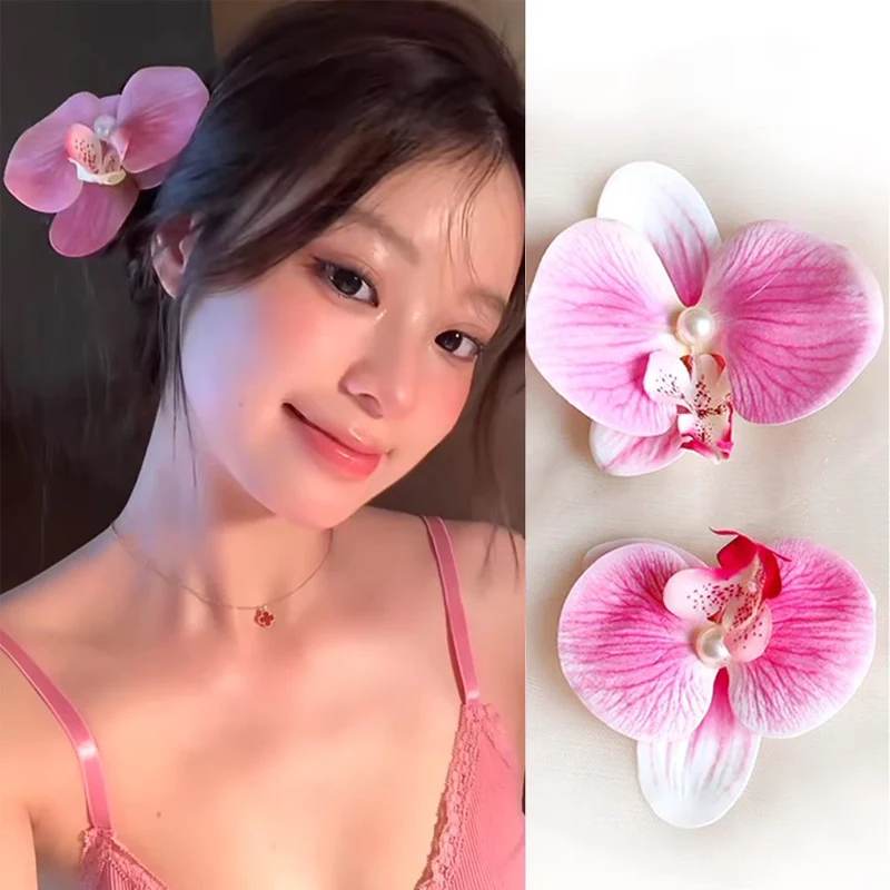 Hawaiian Phalaenopsis Flower Hair Clip for Women Girls Bohemian Orchid Flower Side Bangs Clip BB Hair Pins Hair Accessories