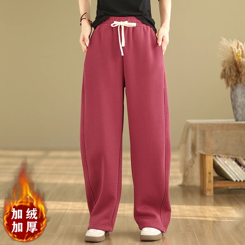 

Women Thicken Fleece Pants Elastic Waist Solid Color Loose Casual Straight Trouser Winter Fashion Warm Cozy Harem Sport Clothes