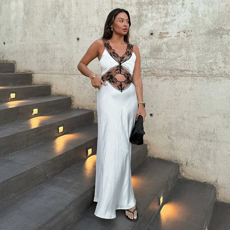 Modna sukienka trapezowa damska letnia koronkowa bez rękawów z dekoltem w serek Maxi seksowna białe sukienki casualowe w stylu Streetwear klubowa sukienka