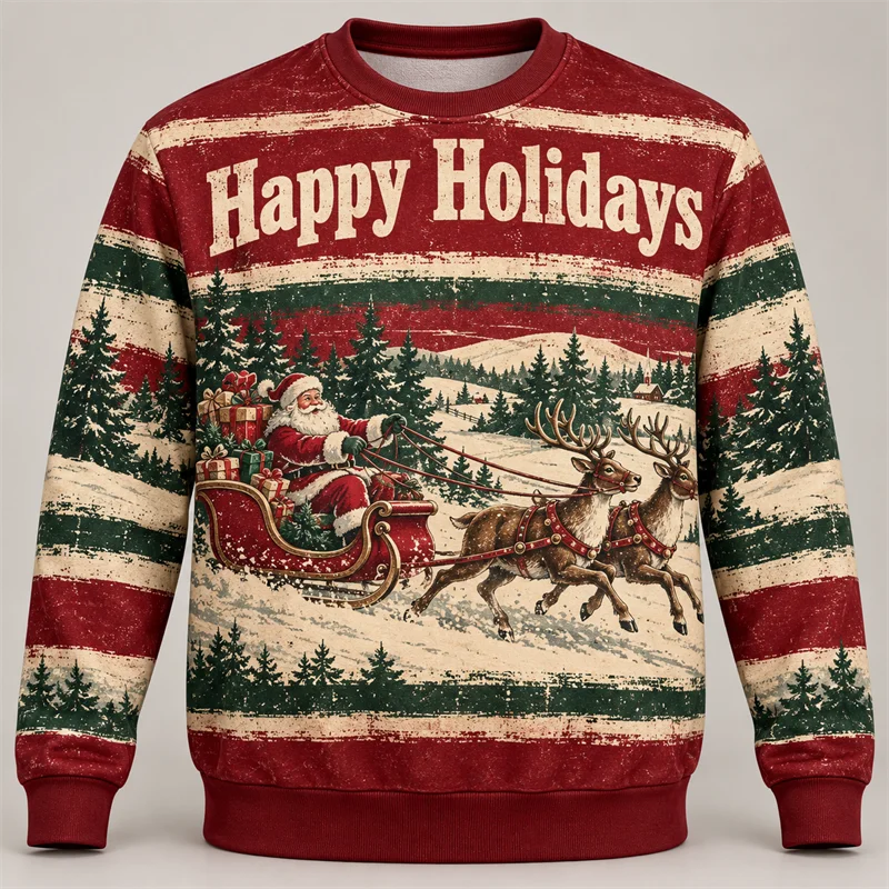 Retro Christmas Sweatshirt Men Santa Claus Reindeer Sleigh Winter Forest Striped Print Crewneck Long Sleeve Holiday Pullover