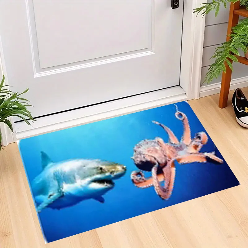 2D Flat Shark Octopus Underwater Scene Flannel Door Mat Non Slip Ocean Animal Rug For Entryway Bathroom Floor