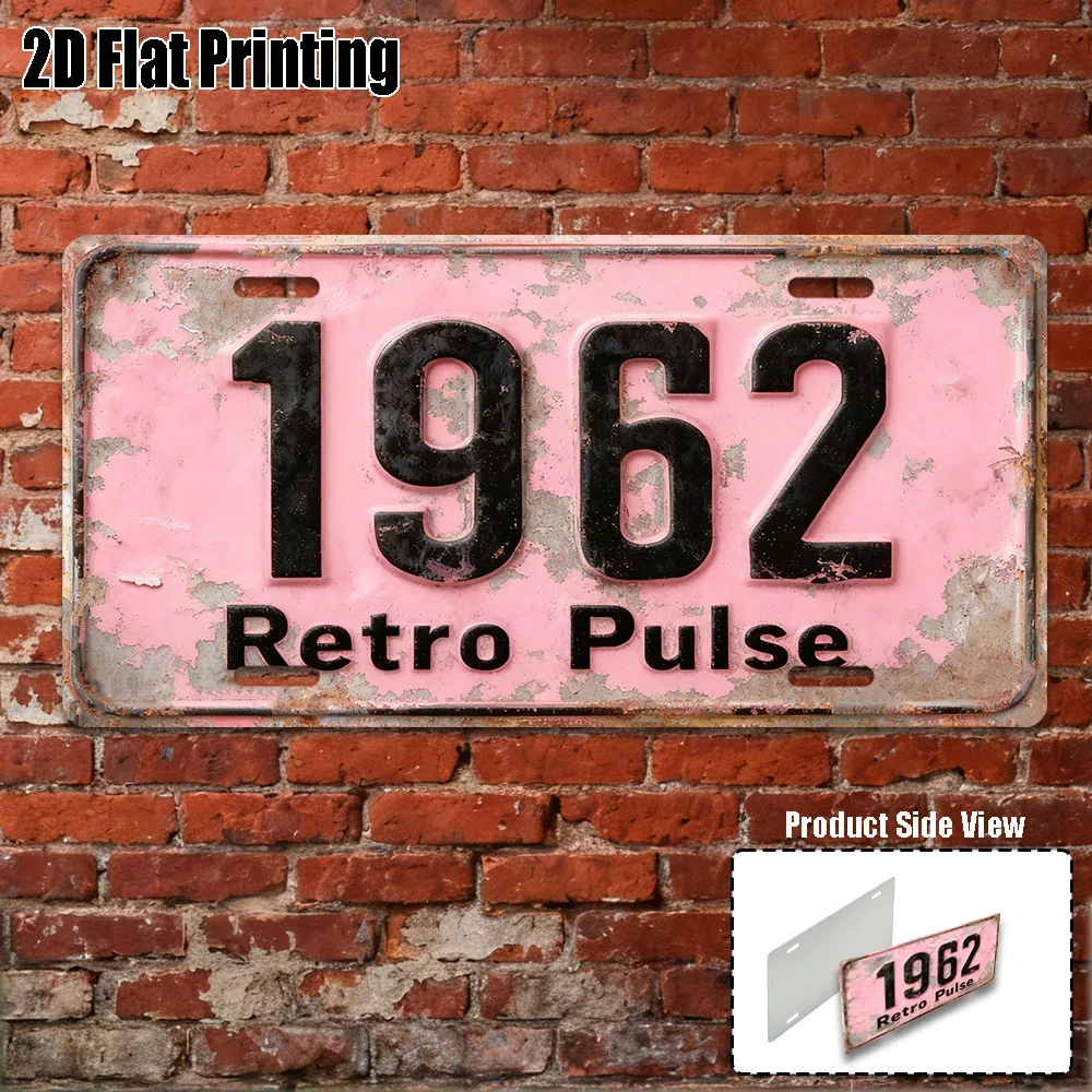 2D Flat, 1pc 1962 Retro Pulse Vintage Metal License Plate Aluminum Sign with Light Pink Background & 1962 Design