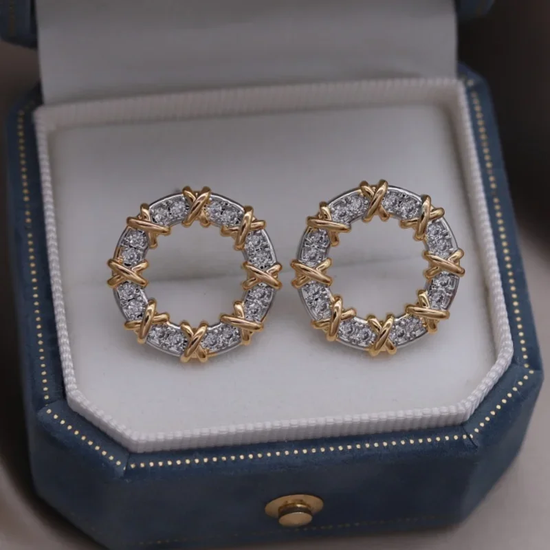 Korean new design fashion jewelry two-color plated round zircon cross earrings elegant women's daily work accessories