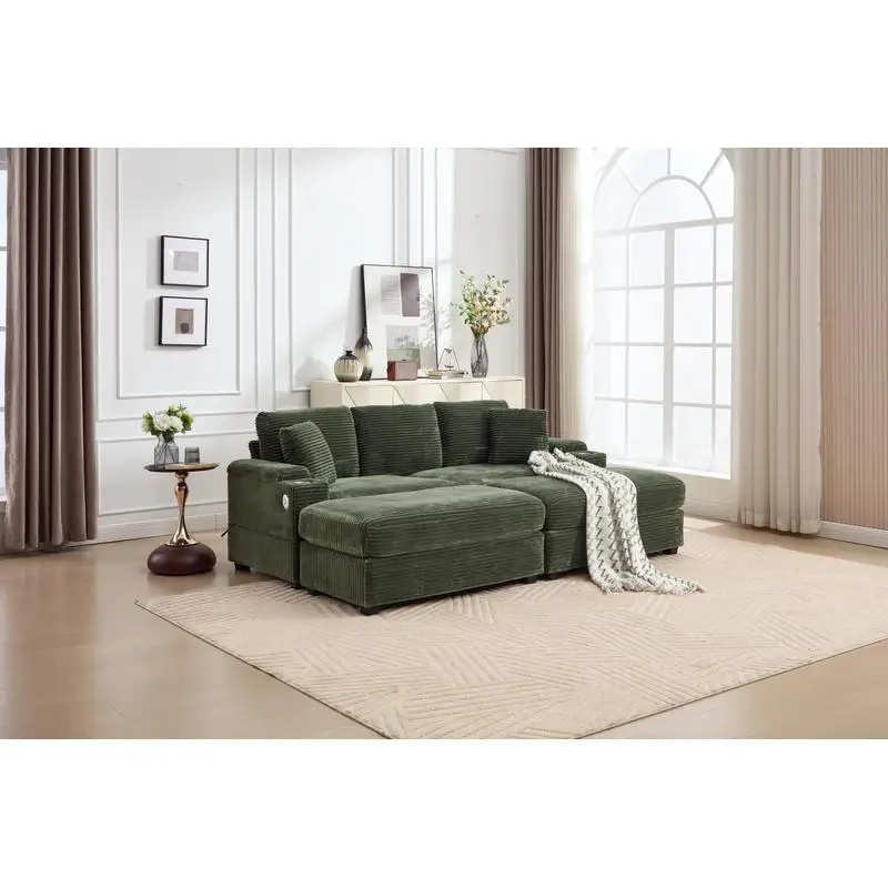 طقم سرير أريكة مقطعي قابل للتحويل مع مسند للذراعين، حامل أكواب من الفولاذ المقاوم للصدأ، منافذ USB، مقعد عميق منجد