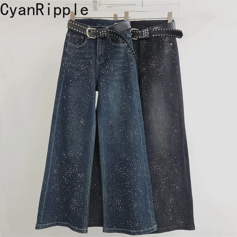 2026 New Fashion Autumn All-match Vintage Women Denim Pants Full Diamonds High Waist Floor-length Wide Leg Straight Jeans