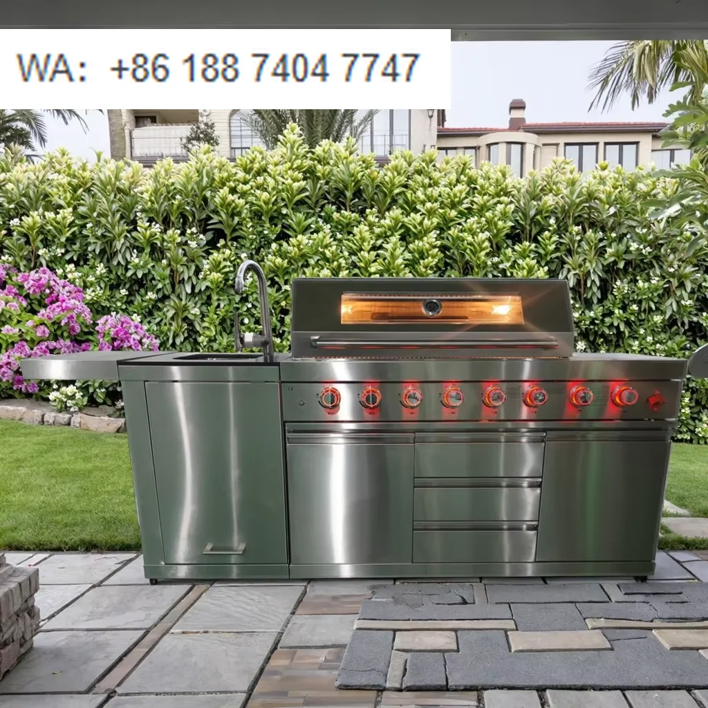 Modern Luxurious Premium Integrated Outdoor Patio BBQ Station Stainless Steel 304 Sink Storage Piece Modular Design 8-Burner