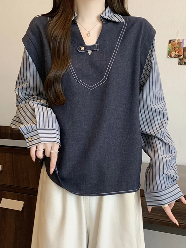 

Ретро-топ в полоску больших размеров с длинным рукавом для женщин, весенний модный свободный универсальный топ-комплект, имитация двухслойности, полиэстер