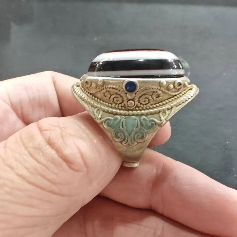 Retro Antique Metal Braided Border Ring Unisex Oriental Oval Simulated Evil Eye Cabochon  Adjustable Finger Ornament Jewelry