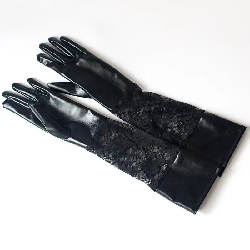 European and American Style Long Patent Leather Lace Gloves Sexy Lace Patent Leather Stitching Dance Performance Gloves C011