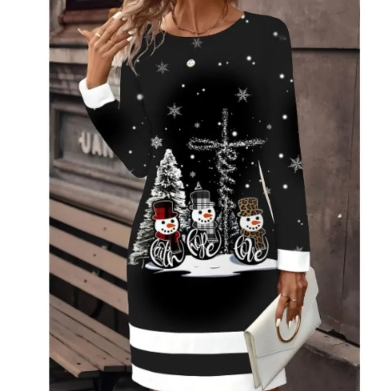 Women Christmas Party Dress 3D Funny Wine Christmas Element Printed Dress 2024 New Autumn Winter Long Sleeve O-neck Casual Dress