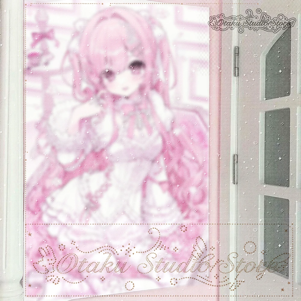 Mine style anime tapestry ゆらぎ，pink twin tail girl wall hanging, frill lolita outfit, cross rose teacup print, sweet goth pastel