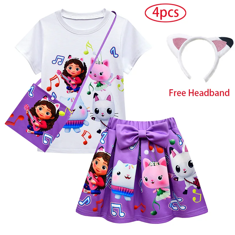 GabyDoll Cat house Girls Clothes Sets Summer Cats-tastic Tops+Bow Cartoon Print Skirt+Bag+Headband 4pcs Children\'s Clothing Suit