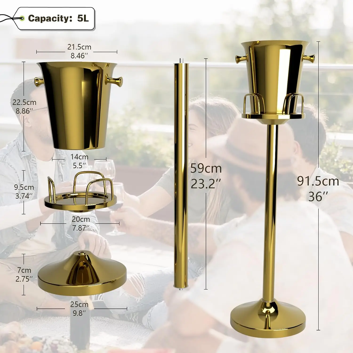 Champagne Bucket with Stand, Standing Ice Buckets 5L(Gold 2Packs)