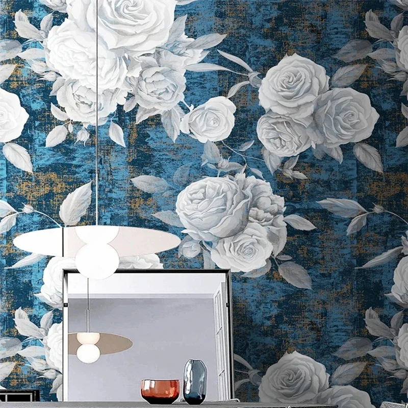 Custom Size 3D Photo Retro Style Rose Flowers Blue Wallpaper for Bedroom Living Room TV Background Wall Decor Non-woven Mural