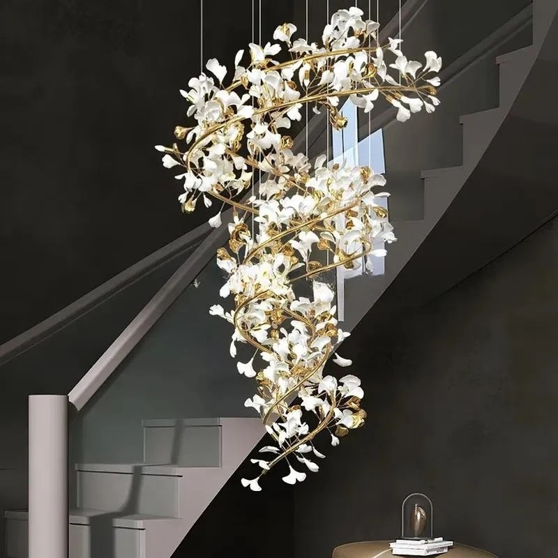 Natural Ginkgo Biloba Shaped Ceramic Chandelier Large Luxury Lighting for Hotel Villa Lobby Lounge Project