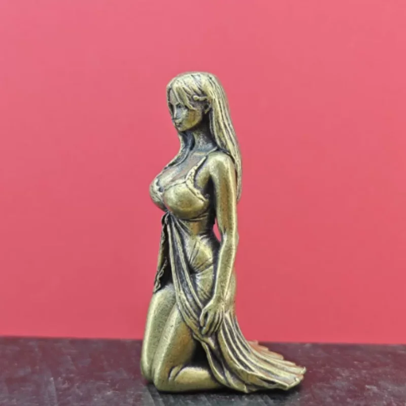 Retro Brass Kneeling Beauty Figurine with Flowing Robe Mini Female Statue Desktop Tabletop Decor Exquisite Craft Ornament