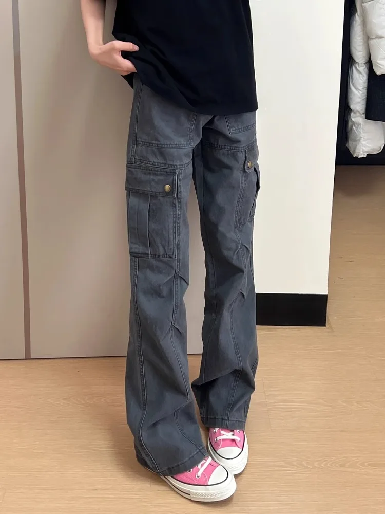 

ay American Retro Work Pants Men Summer Trendy High Street Multi ket CleanFit Straight Leg Micro Flare Casual Pants