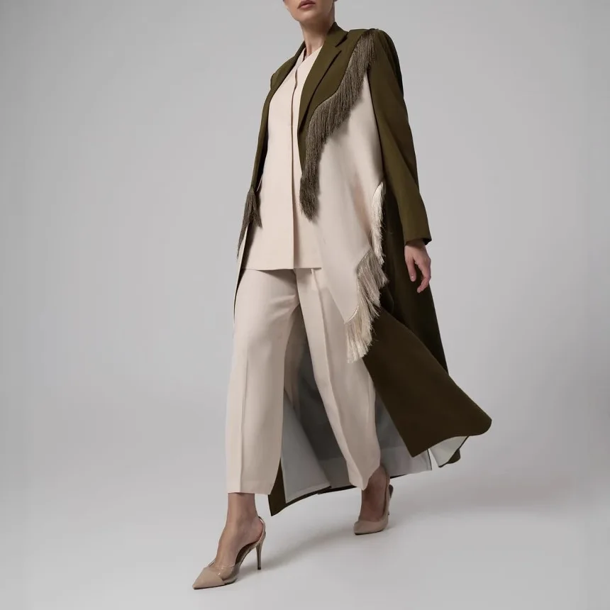 SuperAen 2025 ฤดูใบไม้ร่วงอุตสาหกรรมหนัก Fringed Splicing ชุดตัดเสื้อโค้ทยาวสําหรับผู้หญิง