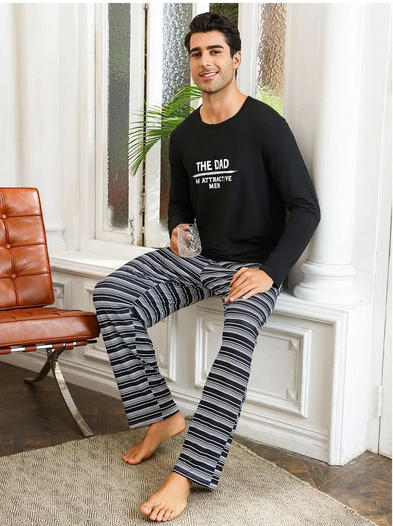 

Men's Letters Stripe Print Pajama Set Long-Sleeve Round Neck Top And Long Pants Breathable Fit Sleepwear Homewear Casual Attire
