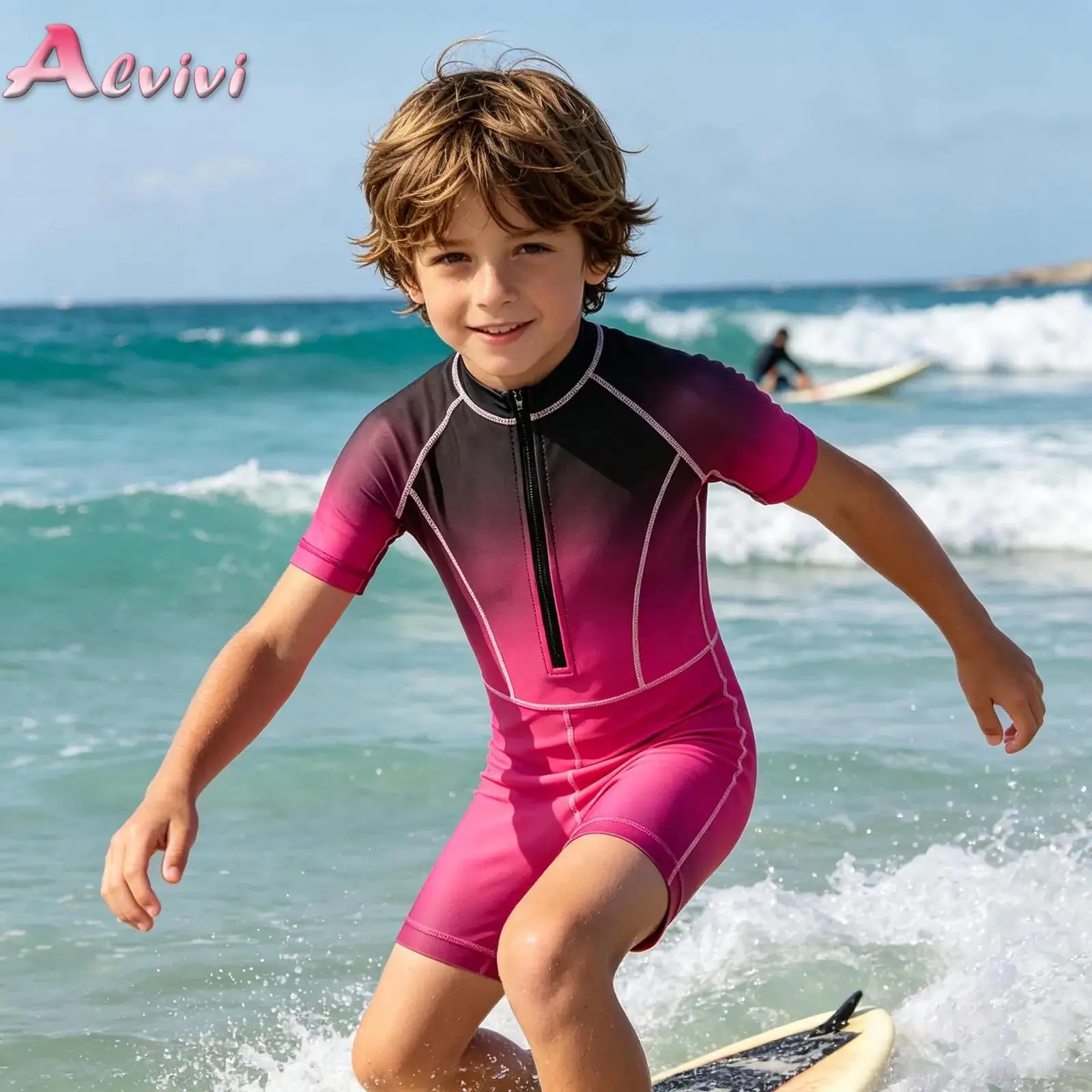 

Unisex Kids Boys Girls Rash Guard Swimsuit Gradient One-piece Short Sleeve Front Zipper Swimwear for Swimming Diving Surfing