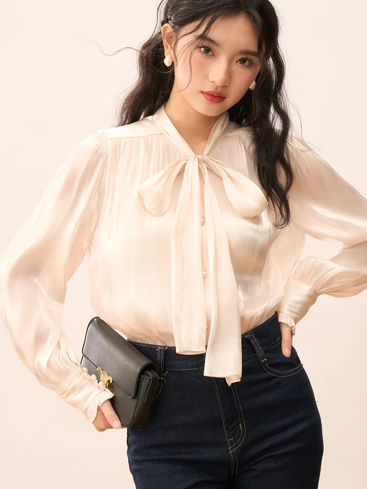 

Spring Summer Elegant Glossy Ribbon Blouses Women Puff Sleeve Bow Scarf Collar Straight Soft Shirts