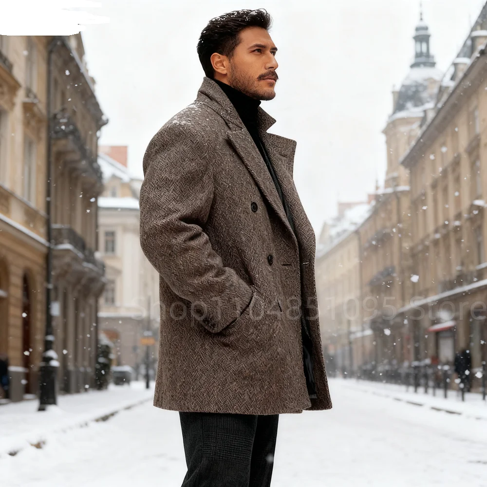 

Casual Business Men's Tweed Blazer Slim Fit Groomsmen Wedding Double Breasted Fish Spine Ternos Jacket for Marriage