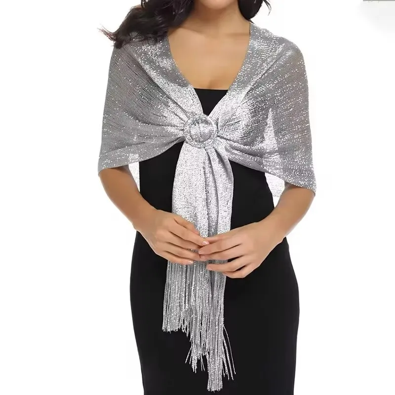 Gold Thread Tassel Scarf With Buttons Shawl For Women Luxury Glitter Silver Scarves Ladies' Fashionable Simple Party Shawls