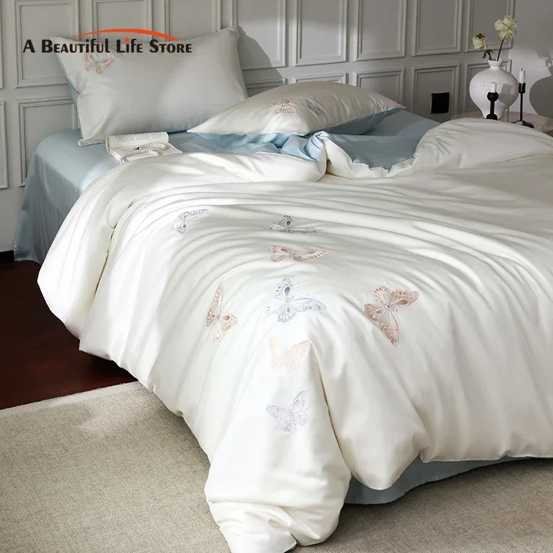 Luxury Butterfly Embroidery Lyocell Cotton Soft Silky Cool Feeling Skin Friendly Bedding Set Duvet Cover Bed Sheet Pillowcases