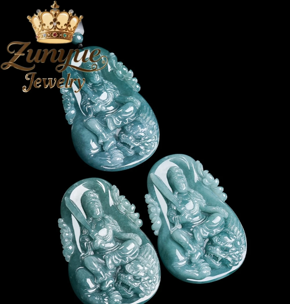 Natural A Grade Ice Blue Water Jadeite Manjushri Bodhisattva Zodiac Rabbit Patron Saint Pendant Highend Luxury Fine Jewelry Gift