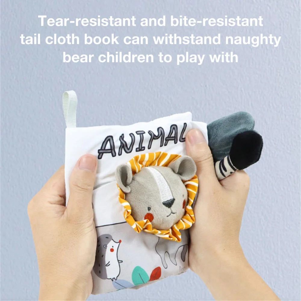 Soft Baby Book Toys Animal Crinkle Cloth Book with 3D Tails Elephant Lion Rabbit Infant Touch Feel Crinkle Books with BB Speaker